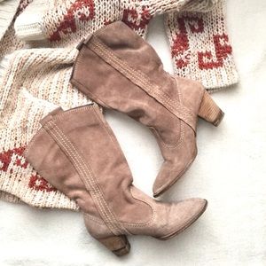 Beige Suede Western Cowboy Style Mid-Calf Boots